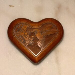 Vintage Etched Heart Shaped Hummingbird   Trinket Box